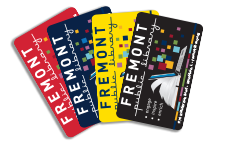 4 Fremont Library cards fanned out, red, blue, yellow and black.
