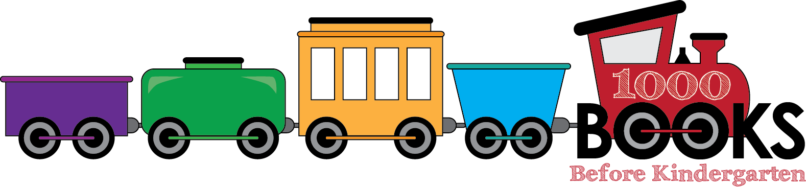 Drawing of a choo-choo train with BOOKS spelled out as the wheels of the engine. There are 4 cars following the engine.